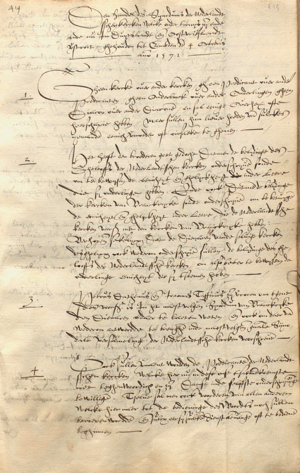 Niederländische Übersetzung der Akten der Emder Synode 1571 von Synodenteilnehmer Jan de Roye aus Köln; Hist. Archiv der Stadt Köln, Best._295_H_235 Geistliche Abt., Seite 1 Niederländische Übersetzung der Akten der Emder Synode von Synodenteilnehmer Jan de Roye aus Köln;